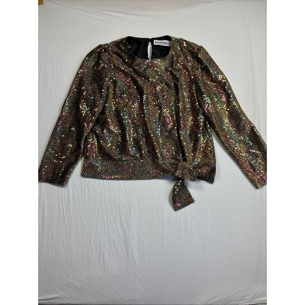 ANOTHER THYME NEW Gold RED Green Sequin Vintage HOLIDAY Size XL Blouse Tie